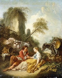 Et pastoralt landskab med en hyrde og hyrdinde siddende ved ruiner, af François Boucher
