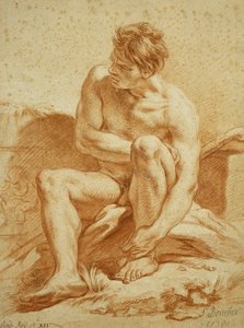 En siddende nøgen med en stav, et relief med Putti til venstre, 1738