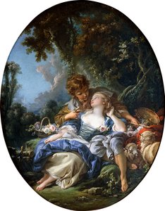 En hyrde og en hyrdeinde i Dalliance i et skovklædt landskab, 1761 af François Boucher