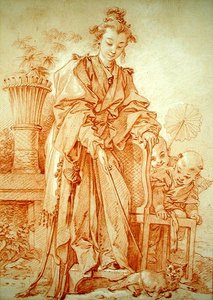 Kinesisk pige leger med en kat af François Boucher