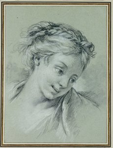 Hovedet på en pige, der kigger ned til højre af François Boucher