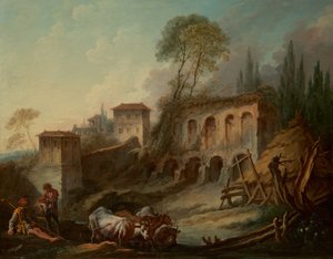 Imaginært landskab med Palatinerhøjen fra Campo Vaccino, 1734. af François Boucher