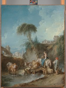 Landskab med fjerne Bygninger og en Hyrdekone af François Boucher
