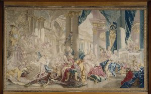 Manufacture de Beauvais - Psyke føres af Zephyr ind i kærlighedens palads, og Psyke viser sin rigdom til sine søstre, efter 1741 af François Boucher