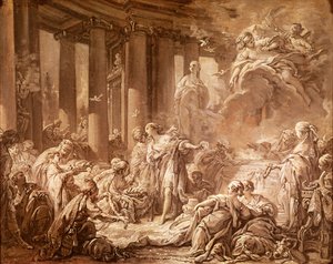 Psyche Receiving the Divine Honours (forberedende undersøgelse), ca. 1740 (oliemaleri på papir monteret på lærred) af François Boucher