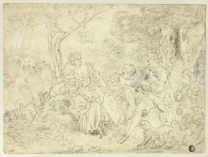 Hyrdinder og ung mand, der spiller sækkepibe af François Boucher