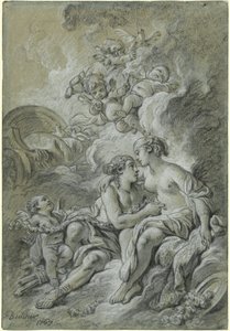 Venus læner sig op ad sin kære Adonis... af François Boucher