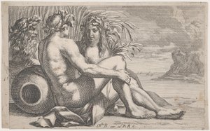 Flodguder tilbagelænet foran et havlandskab, 1651-82. af François Bourlier