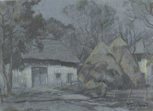 Høstakke ved en bondegård ved måneskin af François Cachoud