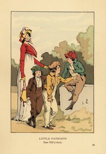 Drenge i jakker og ridebukser med Merveilleuse i romersk kappe med motorhjelm og spencerjakke. Små Patrioter, år VIII af François Courboin