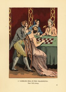 Moderigtige Incroyables i jakker med høj krave ved et spillebord med ung kvinde og croupier. Et spillehelvede i Palais Royal, år VIII af François Courboin