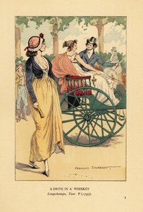 Moderigtigt par kører i en en-hestes whiskyvogn eller koncert i Longchamps, Paris, år V