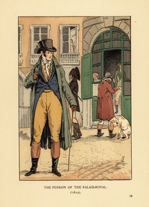 Moderigtig herre foran indgangen til Passage du Perron, Palais Royal. Han bærer hat, halsbånd, frakke, veste bukser og støvler. Perron fra Palais Royal, Paris
