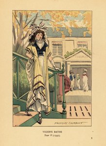 Moderigtig kvinde eller Merveilleuse foran Bains Vigier eller Vigiers termiske bade ved bredden af Seinen, år V af François Courboin