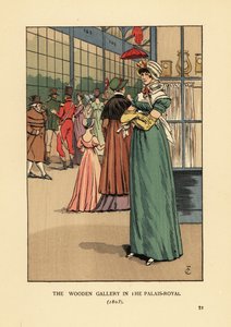 Moderigtig kvinde, der shopper i Wooden Gallery i Palais Royal, Paris af François Courboin