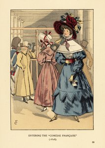 Moderigtige kvinder ved et skuespil, Paris. Kvinde i stor motorhjelm med bånd, kjole med høj krave, blondekappe eller pelerine og hele ærmer en baret. Ind i Comedie Francaise af François Courboin