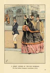 Kvinde i pelsforet kappe og muffe over en bred krinoline, med en anden kvinde i ridetøj. Et smart hjørne af rue de Richelieu, det ostindiske kompagnis lager, Paris af François Courboin