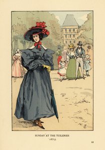 Kvinde promenerer i søndagens Bedst i parken. Hun bærer en bredskygget hat, kjole med fulde ærmer, ankelstøvler og bærer en parasol. Søndag i Tuilerierne af François Courboin