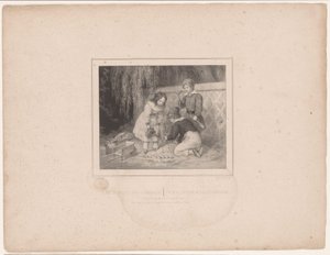 Tre børn havearbejde Les petits jardiniers / De små gartnere (titel på objekt) Tolv repræsentationer af forskellige figurer (serietitel) Album de douze sujets (...) (serietitel)