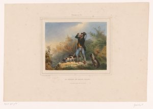 Vildtfoged med tre jagthunde Le départ du garde chasse (titel på objekt) Jægere med våben (serietitel) Chasses au Tir (serietitel på objekt) af François Grenier