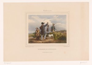Hunter viser en anden jæger sin skudte hare Le chasseur en jouissance (titel på objekt) Jægere med våben (serietitel) Chasses au Tir (serietitel på objekt) af François Grenier