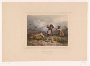To jægere, der skyder agerhøns Le jour de guignon (titel på objekt) Jægere med våben (serietitel) Chasses au Tir (serietitel på objekt)
