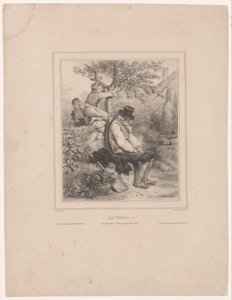 To drenge plukker æbler fra en sovende landmand Le verger (titel på objekt)