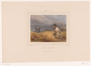 To krybskytter jagter en hare Paysan braconnant (titel på objekt) Jægere med våben (serietitel) Chasses au Tir (serietitel på objekt)