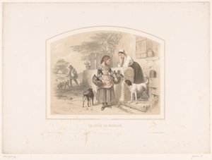 Kvinde går på markedet med kurve med fjerkræ Le jour de marché (titel på objekt) af François Grenier
