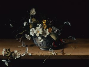 Blomster i en blå og hvid kinesisk porcelænsskål med en rød admiralsommerfugl på en træafsats (olie på panel) af François Habert