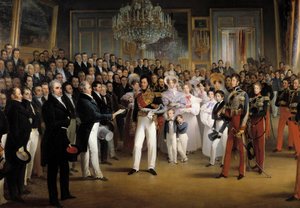 Revolution af 1830: "" Deputeretkammeret præsenterer for hertugen af Orleans, Louis Philippe I (1773-1850), handlingen, der kalder ham til tronen og charteret af 1830, på det kongelige palads, den 7/08/ 1830"" Detalje. Maleri af Francois Joseph Heim (1787- af François Joseph Heim