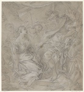 Ung kvinde knæler foran en general i hans telt (Scipio?) af François Le Moine (manner of)