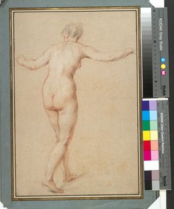 Stående kvinde nøgen set bagfra, ca. 1722 (rød, sort og hvid kridt på papir) af François Lemoyne