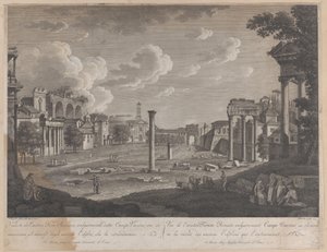 Udsigt over Campo Vaccino med Colosseum i baggrunden og ruinerne af Tempel..., 1796.