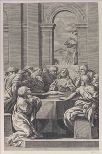 Den sidste nadver, det indre af en klassisk bygning med Kristus og hans apostlesæde..., 1660-81.