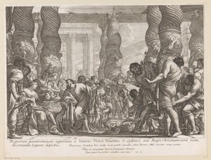 Samson føres til en søjle i Dagans tempel af François Tortebat