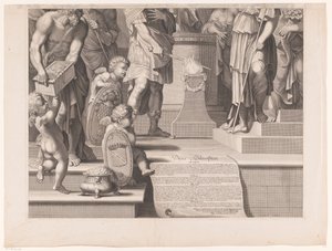 Mars sætter sit sværd i flammerne foran et tempel (nederste del) af François de Poilly (I)