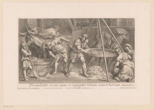 Arbejdere travlt med at forarbejde korn af François de Poilly (II)