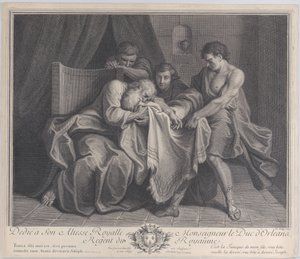 Jakob græder i sin søns kappe, mens hans andre sønner trækker den væk fra ham, 1724. af François de Poilly