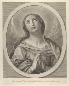 Jomfruen i bøn, ser op med skyer bag sig, i en oval ramme, efter Reni, ..., 1648-81. af François de Poilly