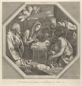 Tilbedelsen af hyrderne, der knæler sammen lige foran det spæde Kristus..., ca. 1655-93. af François de Poilly