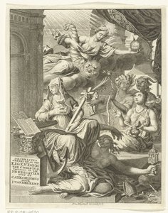 Allegori med kvindelige personifikationer af blandt andet sandheden og dyder og laster Titelside for: Johannes van der Kemp, Kristen helt ejet af Kristus i liv og død, viser i treoghalvtreds prædikener om det hellige