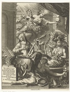 Allegori med kvindelige personifikationer af blandt andet sandheden og eventuelt dyder og laster Titelblad for: Johannes van der Kemp, Den kristne tilhører helt og holdent Kristus i liv og død, viser i treoghalvtreds prædikener o af François van Bleyswijck