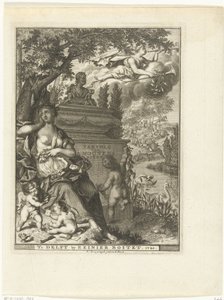 Muse og putti sidder ved digteren Arnold Moonens grav Titelside for: Arnold Moonen, Continued der poëzye, Delft 1720 Fortsættelse af A. Moonens Poezy (titel på objekt) af François van Bleyswijck