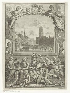 Bybillede med Domkirken i Utrecht og allegori med Minerva og dyder