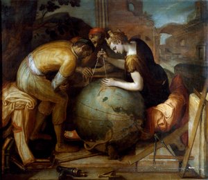 Geometri. Allegori og personificering af geometri, der holder en comppas over en globus. Forskellige geometriske instrumenter er arrangeret i forgrunden. Maleri af Frans Floris (1515-1570). flamsk kunst. Privat samling, Genes.