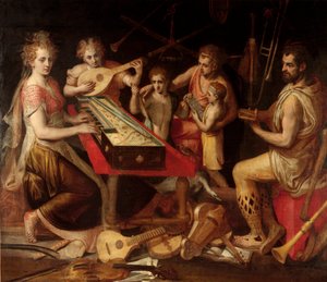 Musikkarakterer vetus har den ældgamle omkreds af musikinstrumenter, der udgør en allegori. Maleri af Frans Floris (1515-1570) 1500-tallets gener, privat samling af Frans Floris