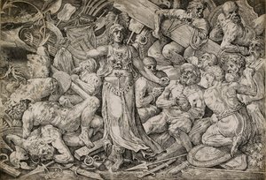 Victoria omgivet af fanger og trofæer, 1552. af Frans Floris