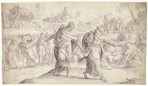 Josua får ammonitternes fem konger henrettet History of Joshua (serietitel) af Frans Francken (I)