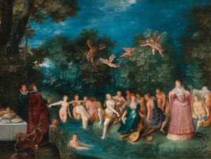 Diana og hendes nymfer bader, med en hjortejagt i baggrunden, ca 1606.